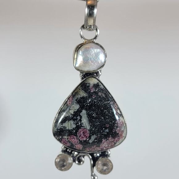 Eudialyte & White Pearl Pendant in Sterling Silver – Unique Artisan Gem Jewelry - Picture 1 of 10